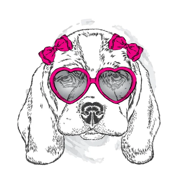 Симпатичный щенок в очках. Сердце. Векторная иллюстрация для открытки или плаката. День святого Валентина . — стоковый вектор