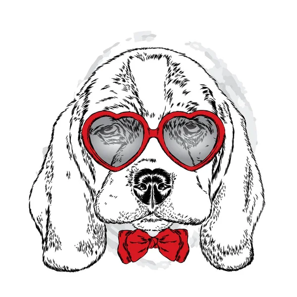 Lindo cachorro con gafas Corazón. Ilustración vectorial para una tarjeta o póster. Día de San Valentín . — Vector de stock