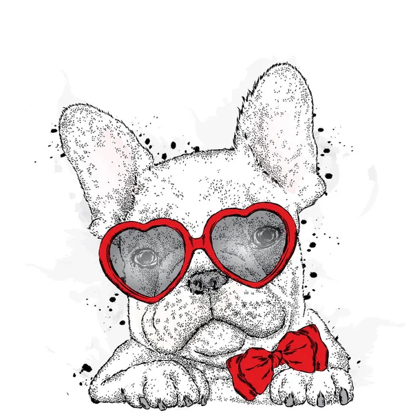 Lindo cachorro con gafas Corazón. Ilustración vectorial para una tarjeta o póster. Día de San Valentín . — Vector de stock