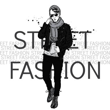 Bir deri ceket, şapka ve atkı yakışıklı genç adam. Bir kartı veya poster, elbiselere yazdırma için vektör çizim. Moda ve stil.