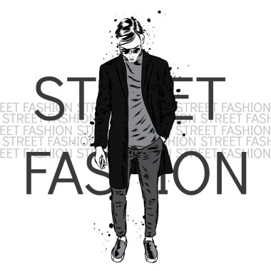 Şık adam bir ceket ve pantolon. Vektör çizim. Moda ve stil. Giysi ve aksesuarları.
