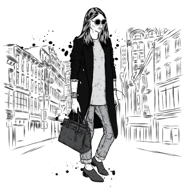 Jolie fille en vêtements à la mode. Illustration vectorielle . — Image vectorielle