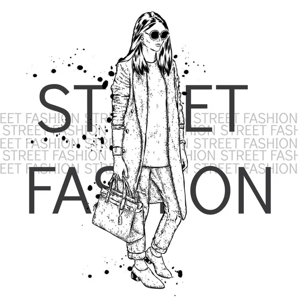 Linda chica con ropa de moda. Ilustración vectorial . — Vector de stock