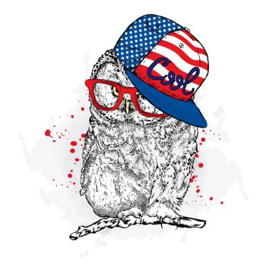 Gözlük ve bir kap ile serin baykuş. Bir kartı veya poster için vektör çizim. El çizimleri topluluğu.