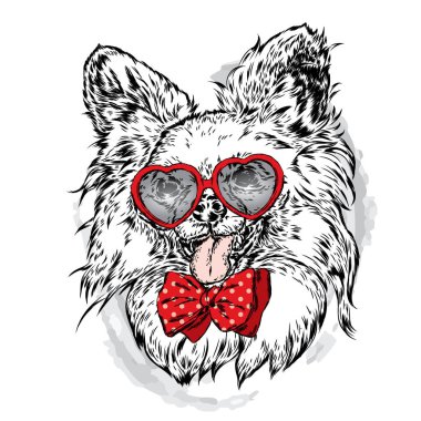 Kalp gözlüklü şirin köpek. St. Valentine's Day. Vektör çizim.