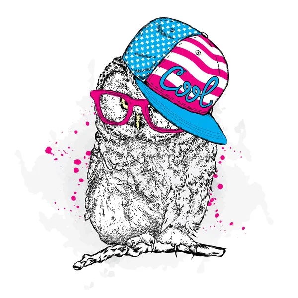 Gözlük ve bir kap ile serin baykuş. Bir kartı veya poster için vektör çizim. El çizimleri topluluğu.