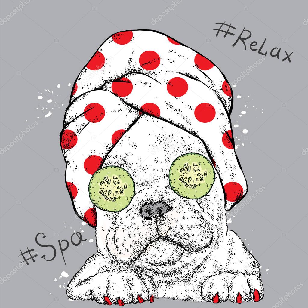 Cute Bulldog in a towel with cucumbers on her eyes. Spa treatment. Vector illustration.