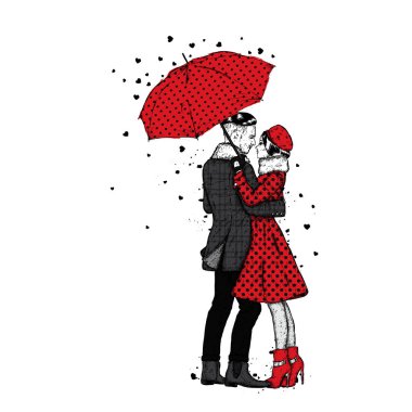 Seven çift bir şemsiye altında. Güzel adam ve moda giysileri kızı. Bir kartı veya poster için vektör çizim. Moda ve stil.