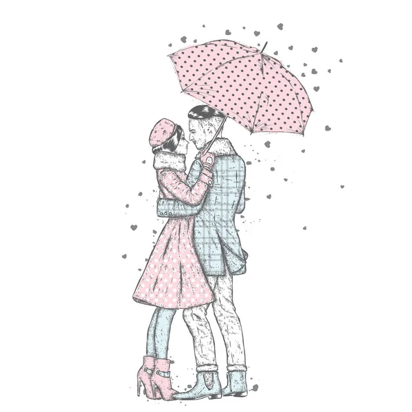 Casal amoroso debaixo de um guarda-chuva. O tipo bonito e a menina na roupa na moda. Ilustração vetorial para um cartão ou cartaz. Moda & Estilo . —  Vetores de Stock