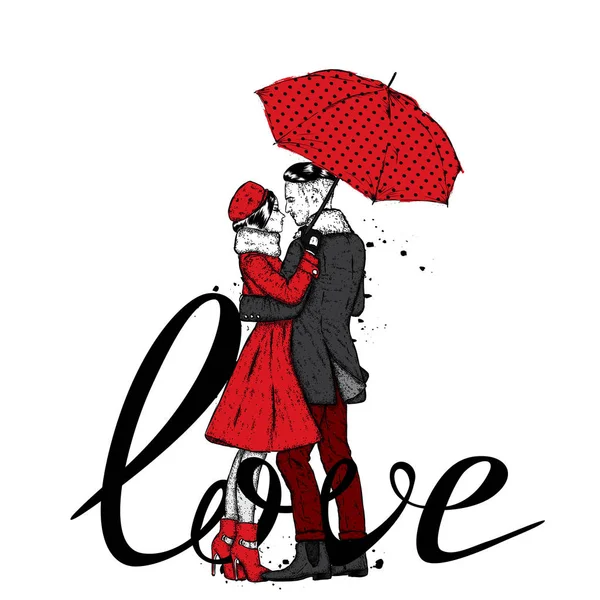 Verliefde paar onder een paraplu. Mooie jongen en het meisje in modieuze kleding. Vectorillustratie voor een kaart of een poster. Fashion & stijl. — Stockvector