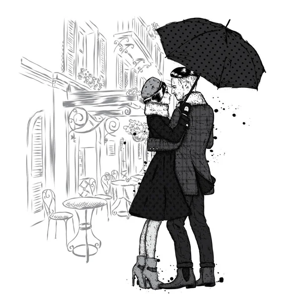 Casal amoroso debaixo de um guarda-chuva. O tipo bonito e a menina na roupa na moda. Ilustração vetorial para um cartão ou cartaz. Moda & Estilo . —  Vetores de Stock