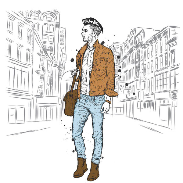 Handsome guy in stylish clothes. Hipster. Vector illustration.