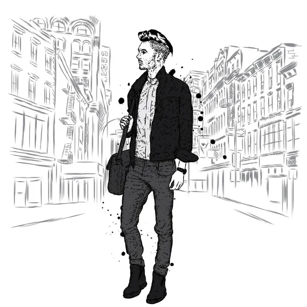 Beau gars dans des vêtements élégants. Hipster. Illustration vectorielle. — Image vectorielle