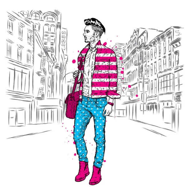 Beau gars dans des vêtements élégants. Hipster. Illustration vectorielle. — Image vectorielle