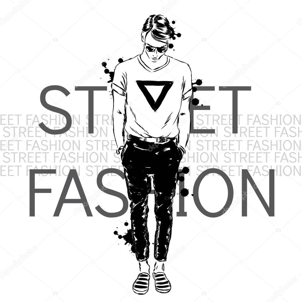 Handsome guy in a dress on a background of the inscriptions. Fashion illustration. Vector.
