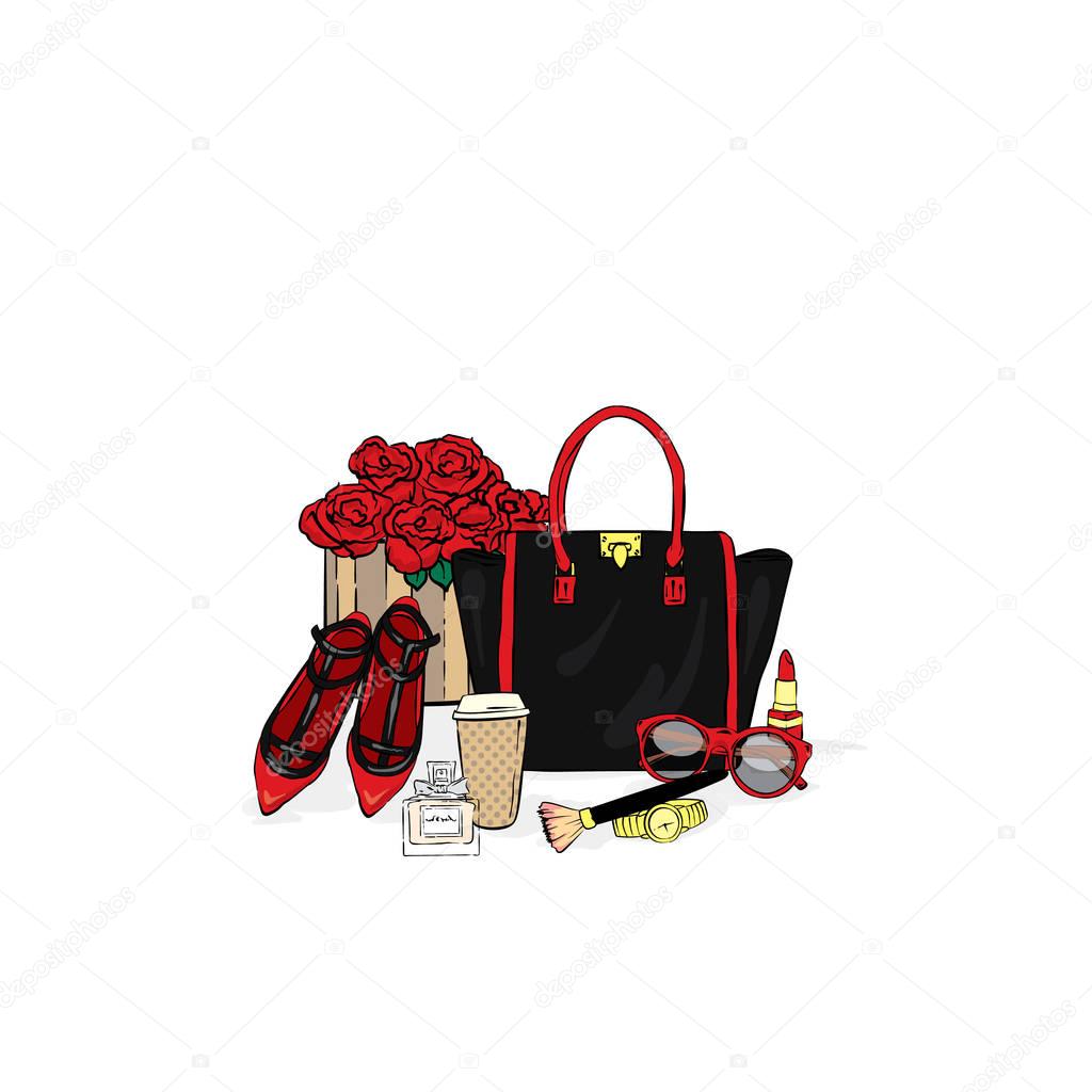 Set of stylish women's accessories. Vector illustration for a card or poster. Print on clothes. Fashion & Style.