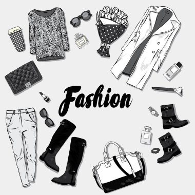 Birtakım güzel kadın giyim ve aksesuarları. Moda ve stil. Bir kartı veya poster, elbiselere yazdırma için vektör çizim.