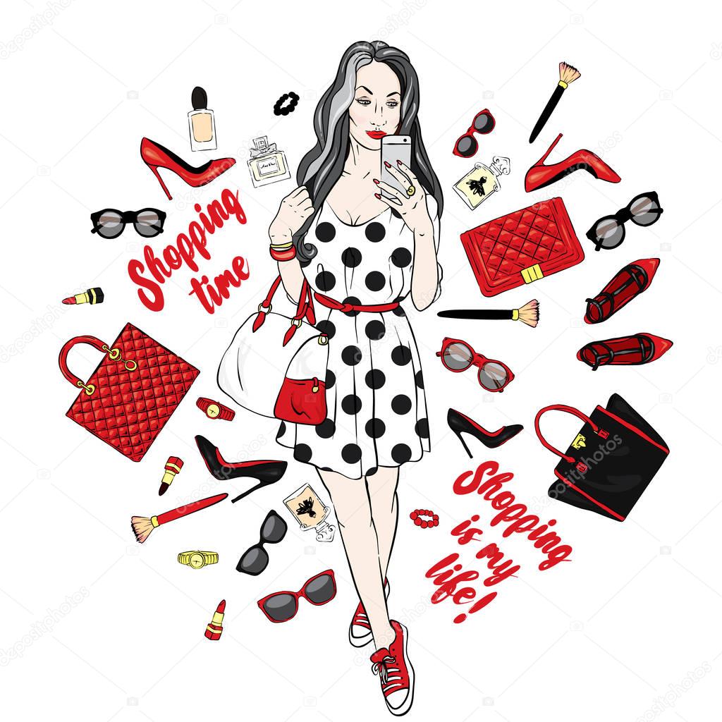 Beautiful girl goes shopping in stylish dress and sneakers. Fashionable clothing and accessories, shoes, handbags, sunglasses and perfume. Vector illustration for a card or poster. Print on clothes