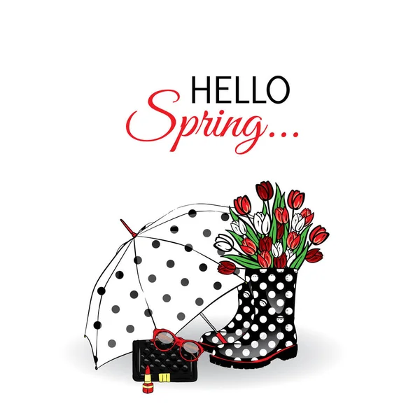 Güzel şemsiye, lastik çizme, Lale, çanta ve ruj. Bir kartı veya poster için vektör çizim. Kıyafetlere yazdırın. Bahar. Moda ve stil. — Stok Vektör