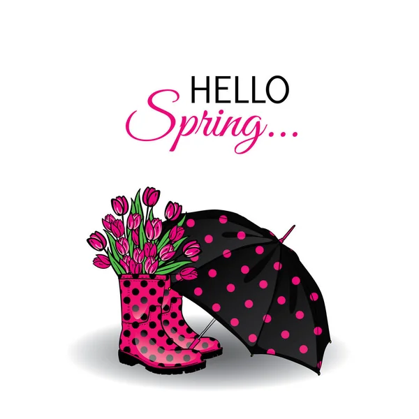 Beautiful umbrella and rubber boots with tulips. Vector illustration for a card or poster, print on clothes. Fashion & Style. Spring. — Stock Vector