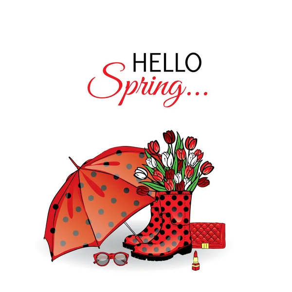 Schöner Regenschirm, Gummistiefel mit Tulpen, Tasche und Lippenstift. Vektorillustration für eine Karte oder ein Poster. Druck auf Kleidung. Frühling. Mode & Stil. — Stockvektor