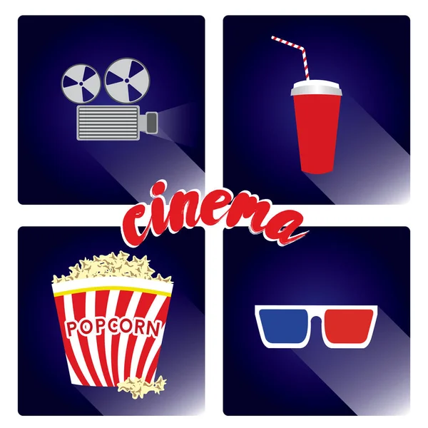 Popcorn, bicchieri di soda, bicchieri e un proiettore cinematografico in stile piatto. Illustrazione vettoriale. Cinema. . — Vettoriale Stock