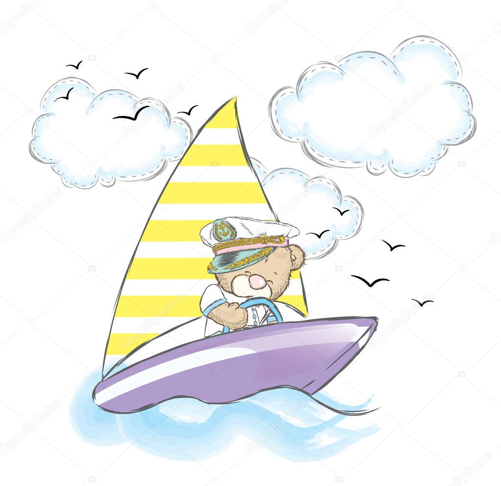 Cute teddy bear floats on the boat. Vector illustration. Sailor.