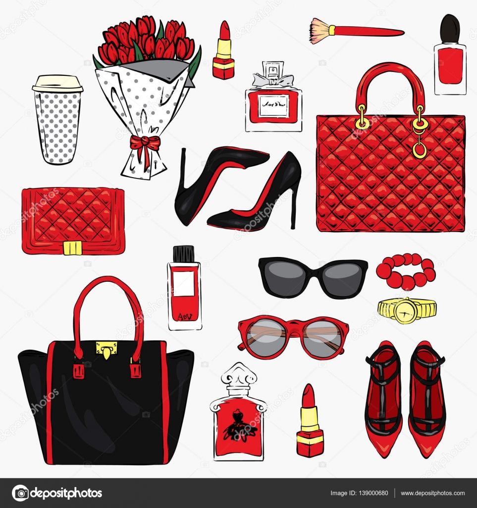 Set of stylish women's accessories. Vector illustration for a card or poster. Print on clothes. Fashion & Stock Vector by ©VitalyGrin 139000680