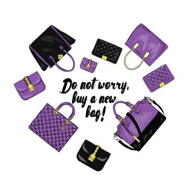 A selection of stylish bags laid out in the shape of a heart. Vector illustration for a card or poster. Do not worry - buy a new bag. clipart