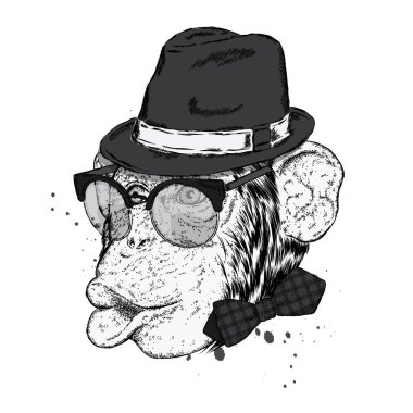 Funny monkey in a stylish hat and sunglasses. Vector illustration for a card or poster, print on clothes. clipart