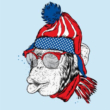 Komik maymun şapkalı. Bir kartı veya poster, elbiselere yazdırma için vektör çizim.