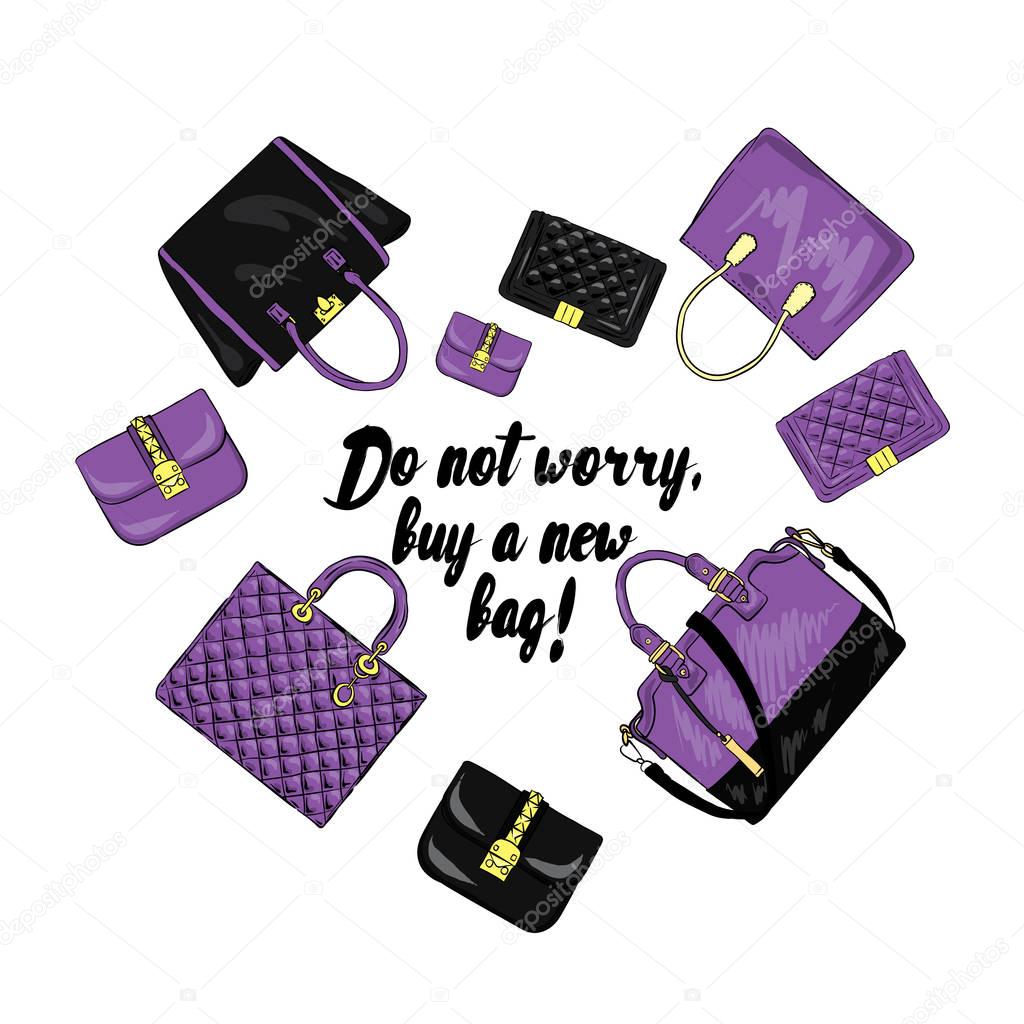 A selection of stylish bags laid out in the shape of a heart. Vector illustration for a card or poster. Do not worry - buy a new bag.