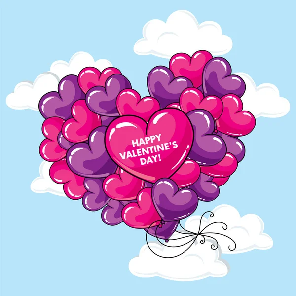 Muitos balões na forma de um coração. Bolas no céu. Ilustração vetorial. Dia de São Valentim . — Vetor de Stock