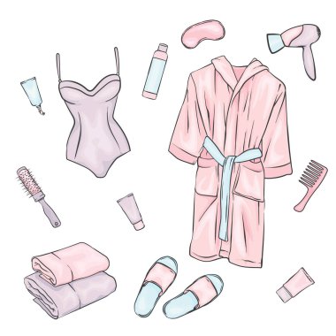 A ayarla elbiselerden ve bakım spa uygulamaları için İmkanlar. Bornoz, Mayo, tüpler krem ve bodur, saç kurutma makinesi ve bir tarak. Terlik. Vektör çizim.