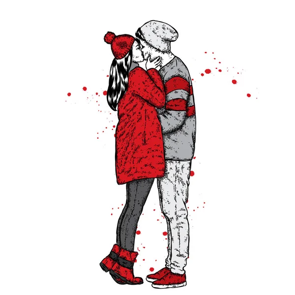 Um casal apaixonado. Beijando homem e mulher em roupas de inverno. Ilustração vetorial para um cartão ou cartaz . — Vetor de Stock