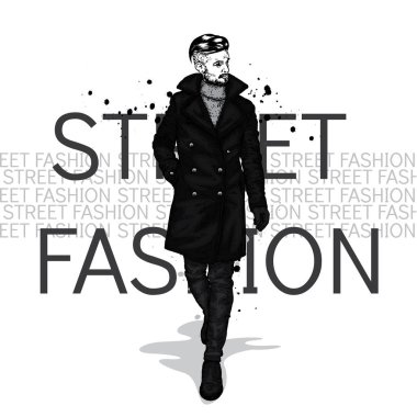 Şık adam bir ceket ve pantolon. Vektör çizim. Moda ve stil. Giysi ve aksesuarları.