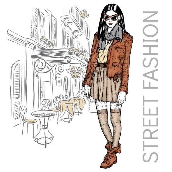 Chica vestida a la moda en el fondo de una calle de la ciudad. Ilustración vectorial para tarjeta de felicitación, póster o impresión en la ropa. Moda y estilo. Hermosa chica . — Archivo Imágenes Vectoriales