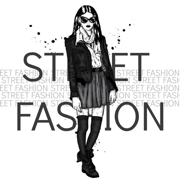Fashionably berpakaian gadis di latar belakang jalan kota. Ilustrasi vektor untuk kartu ucapan, poster, atau cetakan pada pakaian. Mode & Gaya. Gadis cantik . - Stok Vektor