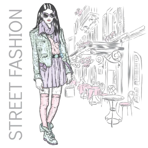 Fashionably berpakaian gadis di latar belakang jalan kota. Ilustrasi vektor untuk kartu ucapan, poster, atau cetakan pada pakaian. Mode & Gaya. Gadis cantik . - Stok Vektor