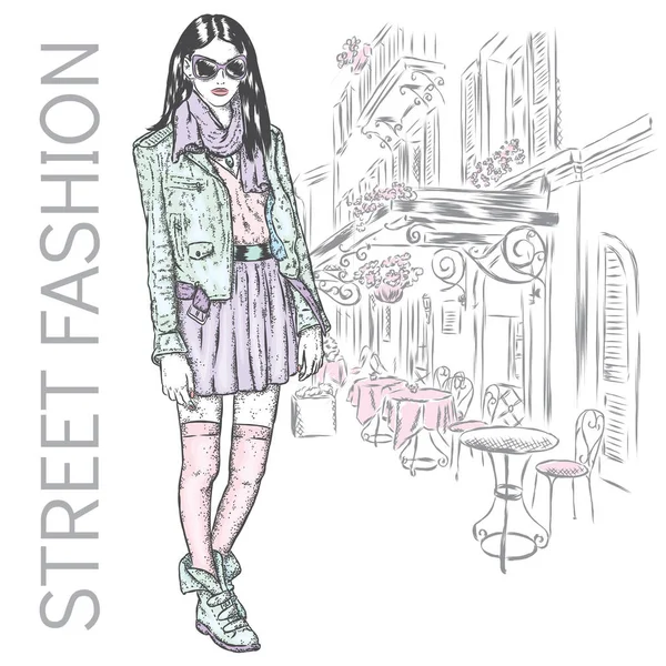 Chica vestida a la moda en el fondo de una calle de la ciudad. Ilustración vectorial para tarjeta de felicitación, póster o impresión en la ropa. Moda y estilo. Hermosa chica . — Archivo Imágenes Vectoriales