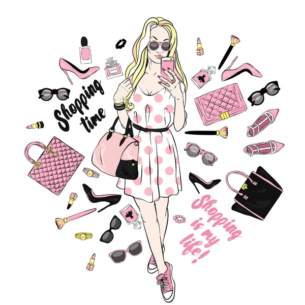 Beautiful girl goes shopping in stylish dress and sneakers. Fashionable clothing and accessories, shoes, handbags, sunglasses and perfume. Vector illustration for a card or poster. Print on clothes — Stock Vector