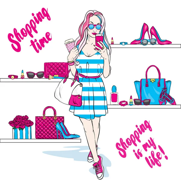 Gyönyörű lány jár bevásárolni, elegáns ruhát és cipőt. Divatos ruházati cikkek és kiegészítők, cipők, táskák, napszemüveg és parfüm. Vektoros illusztráció a kártya vagy a plakát. Nyomtatási ruhák — Stock Vector