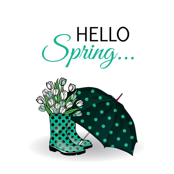 Piękne buty parasol i gumy z tulipanów. Ilustracja wektorowa karty lub plakat, nadruk na odzieży. Moda styl idealna. Wiosna. — Wektor stockowy
