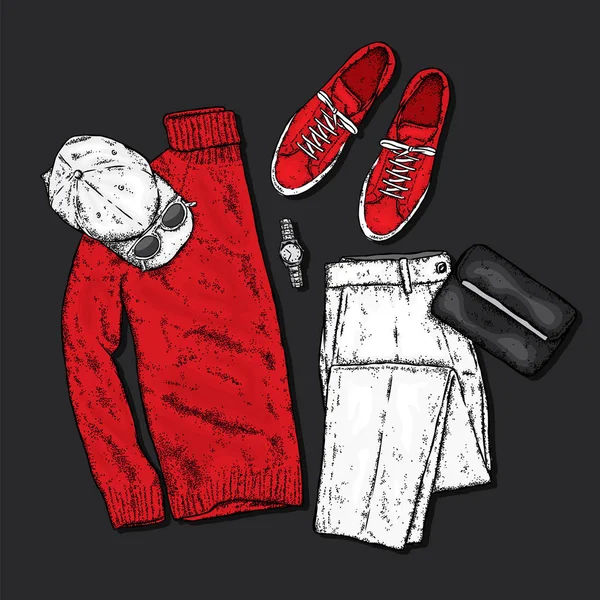 Een reeks van modieuze herenkleding. Broeken, truien, schoenen, pet, zonnebril en handtas. Vectorillustratie. — Stockvector