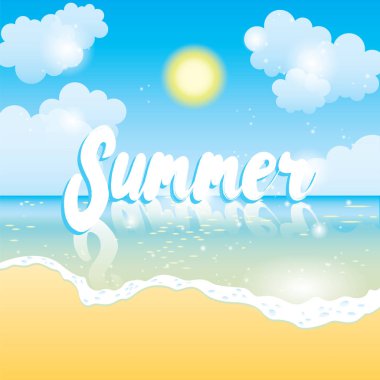 Yaz saati deniz görünümü arka plan. Okyanus deniz mavi tasarım. Palmiye ağaçları ve güneş ile güzel bir plaj. Bir kartı veya poster için vektör çizim.