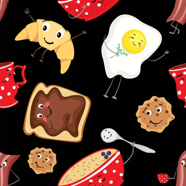 Juego de comida divertida. Desayuno en forma de personajes. Una taza, un plato de gachas, croissant, tostadas, galletas, huevos revueltos y tocino. Ilustración vectorial. Contexto . — Vector de stock