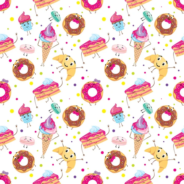 Conjunto de postres lindos. Donuts, magdalenas, pasta, café, té, taza, pastel, helados y un croissant. Dulces sonrientes. Personajes . — Vector de stock