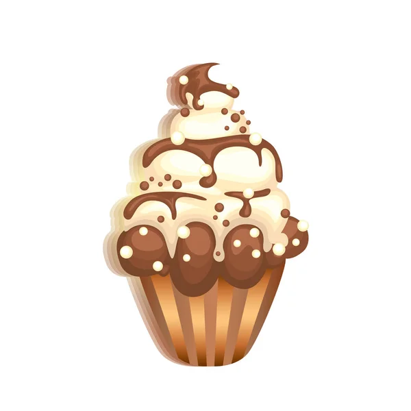 Chocolade cupcake met roze en wit crème. Taart met kleurrijke harten. Vector illustratie voor een kaart of poster, kleding bedrukken. St. Valentine's Day. — Stockvector