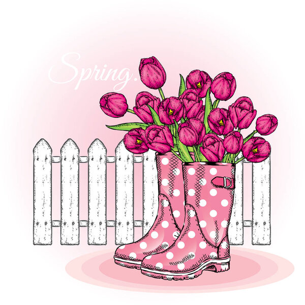 Bouquet of tulips in a beautiful polka dot rubber boots. Vector illustration. Spring flowers.
