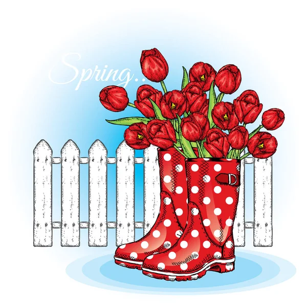 Ramillete de tulipanes en unas bonitas botas de goma de lunares. Ilustración vectorial. Flores de primavera . — Archivo Imágenes Vectoriales